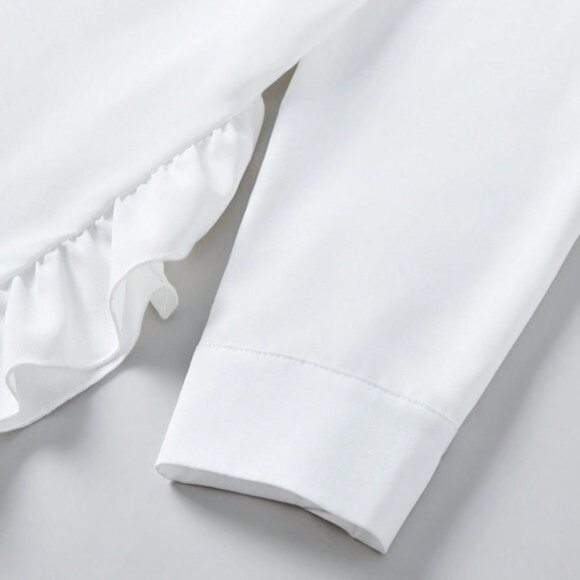 White Casual Women's Solid Color Ruffle Trim Decor Button Front Blouse - Picture 3 of 5